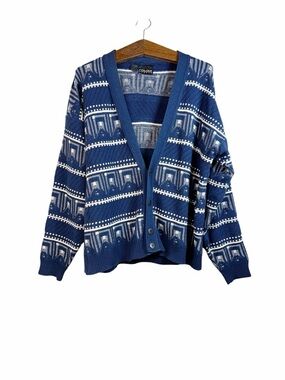 Vintage Colore Italia Blue White Geometric Tribal Cardigan Mens Size L 80s 90s